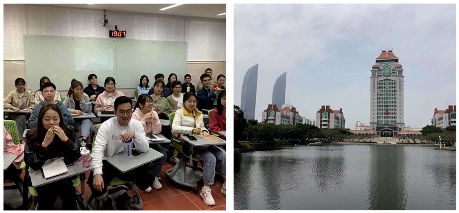 A classroom full of Chinese university students and a view of Xiamen University main office building and lake, with the Shimao twin towers in the background.
