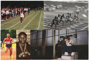 A collage of old pictures of Bode as a young athelete