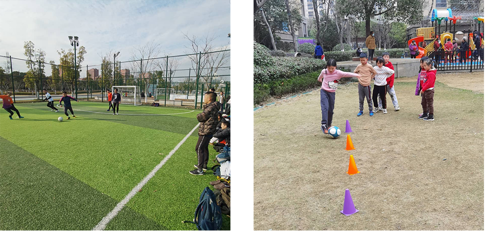 A collage of Jaap playing soccer with friends and children in China